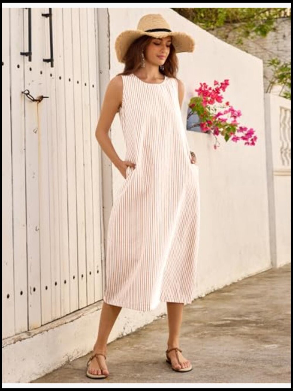 Cotton Maxi Dress with Pockets Casual Summer Beach Vacation - Picture 3 of 7